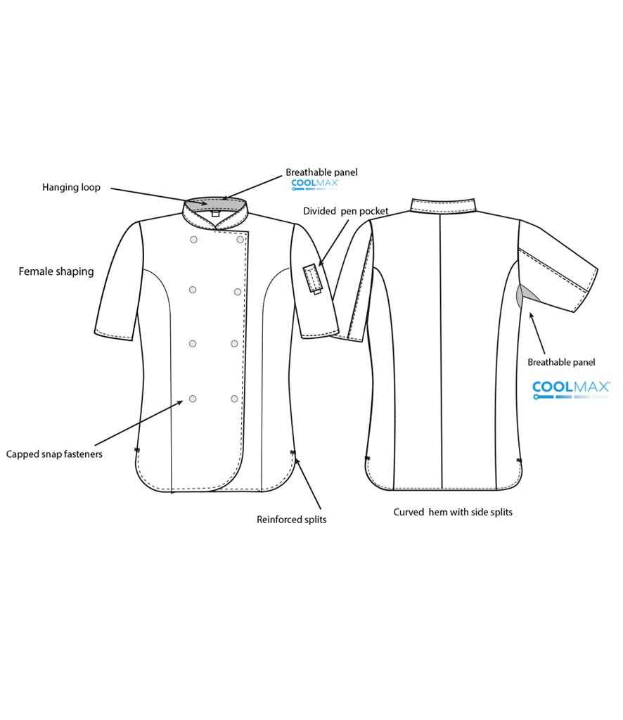 Dennys Ladies Short Sleeve Premium Chef's Jacket in by Dennys — Custom branded clothing by Print Press, featuring premium embroidery produced in our specialist print lab in the UK.