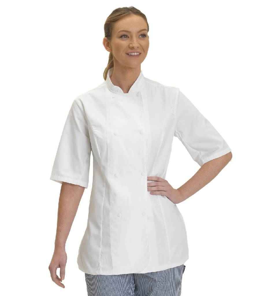 Dennys Ladies Short Sleeve Premium Chef's Jacket in White by Dennys — Custom branded clothing by Print Press, featuring premium embroidery produced in our specialist print lab in the UK.