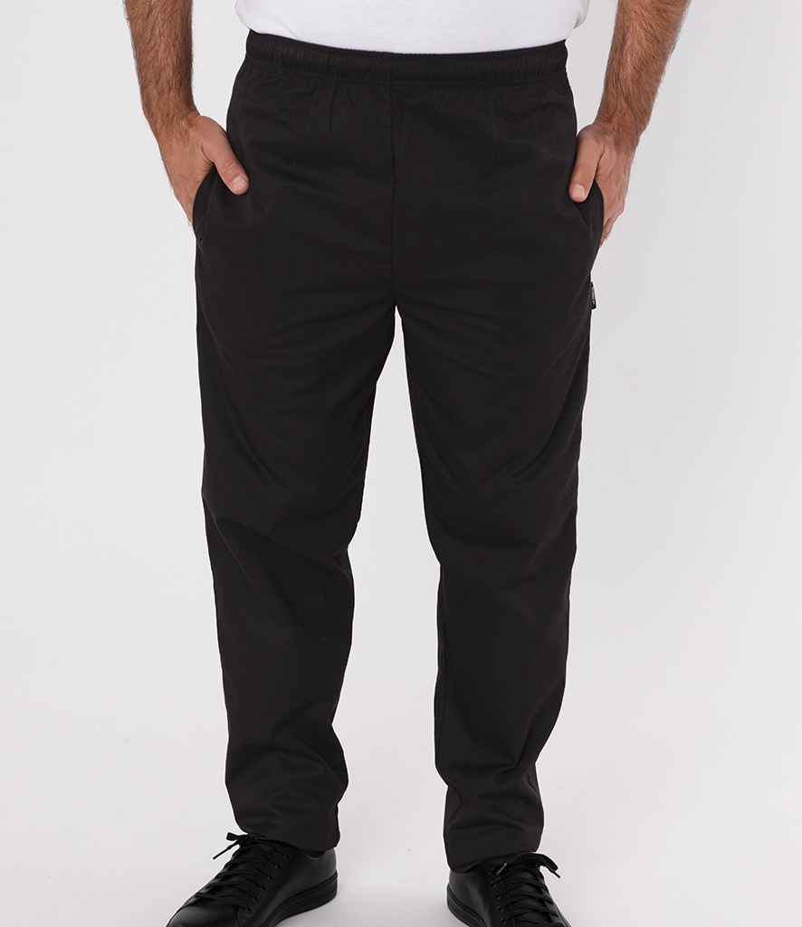 Dennys Unisex Elasticated Chef's Trousers in Black by Dennys — Custom branded clothing by Print Press, featuring premium embroidery produced in our specialist print lab in the UK.