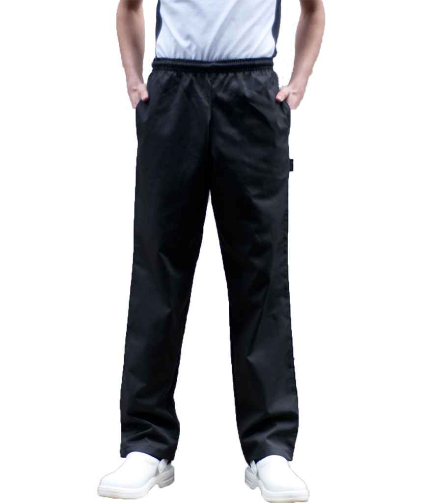 Dennys Unisex Elasticated Chef's Trousers in by Dennys — Custom branded clothing by Print Press, featuring premium embroidery produced in our specialist print lab in the UK.