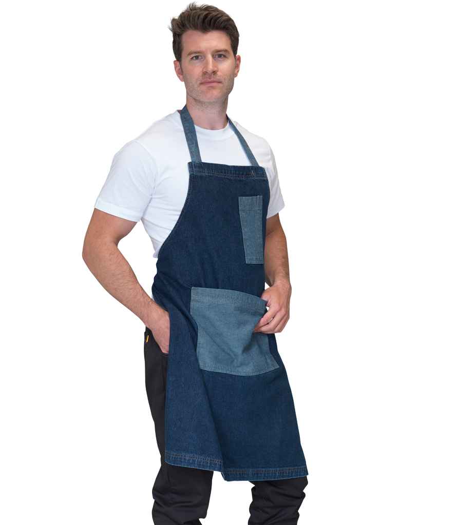 Dennys Heavyweight Denim Pocket Bib Apron in ONE Washed Denim by Dennys — Custom branded clothing by Print Press, featuring premium embroidery produced in our specialist print lab in the UK.