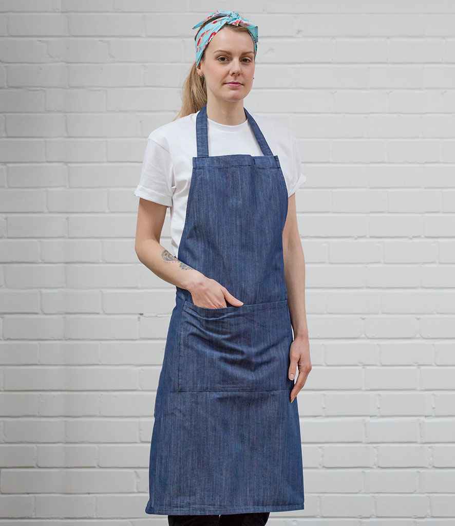 Dennys Cross Dyed Denim Bib Apron with Pocket in ONE by Dennys — Custom branded clothing by Print Press, featuring premium embroidery produced in our specialist print lab in the UK.