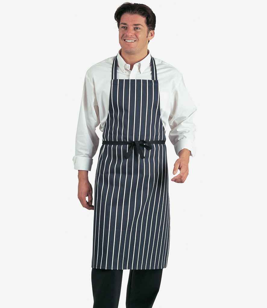Dennys Stripe Bib Apron in ONE Navy White by Dennys — Custom branded clothing by Print Press, featuring premium embroidery produced in our specialist print lab in the UK.