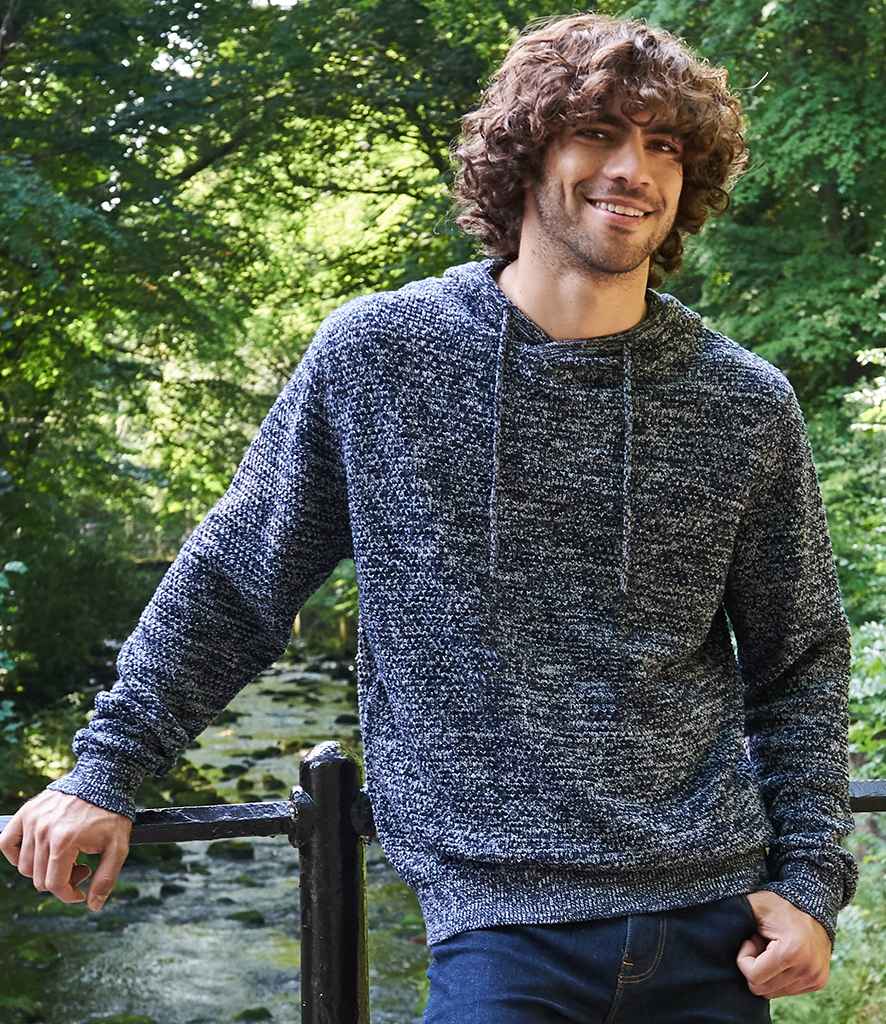 Ecologie Unisex Iguazu Sustainable Knitted Hoodie in Navy Heather Grey by Ecologie — Custom branded clothing by Print Press, featuring premium embroidery produced in our specialist print lab in the UK.