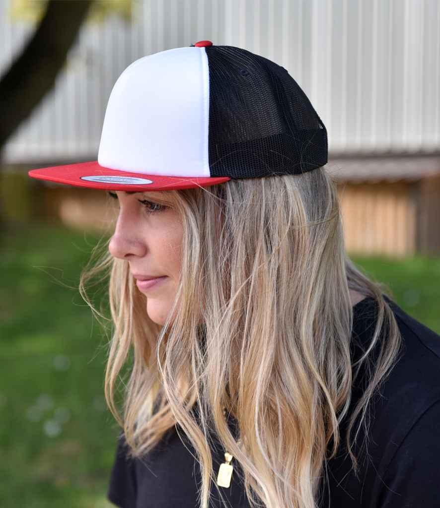 Flexfit Foam Trucker Cap FW in ONE Red White Black by Flexfit — Custom branded clothing by Print Press, featuring premium embroidery produced in our specialist print lab in the UK.