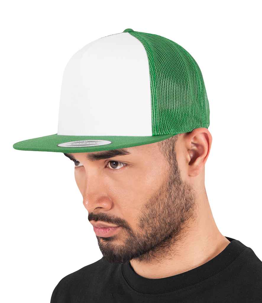 Flexfit Contrast Trucker Cap in ONE Kelly Green White by Flexfit — Custom branded clothing by Print Press, featuring premium embroidery produced in our specialist print lab in the UK.