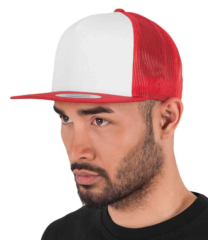 Flexfit Contrast Trucker Cap in ONE Red White by Flexfit — Custom branded clothing by Print Press, featuring premium embroidery produced in our specialist print lab in the UK.