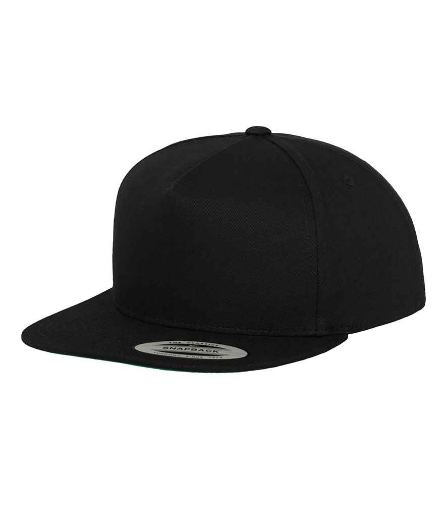 Flexfit Classic 5 Panel Snapback Cap in ONE Black Black by Flexfit — Custom branded clothing by Print Press, featuring premium embroidery produced in our specialist print lab in the UK.