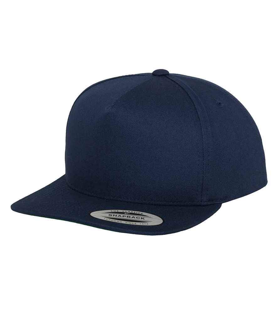 Flexfit Classic 5 Panel Snapback Cap in ONE Navy by Flexfit — Custom branded clothing by Print Press, featuring premium embroidery produced in our specialist print lab in the UK.