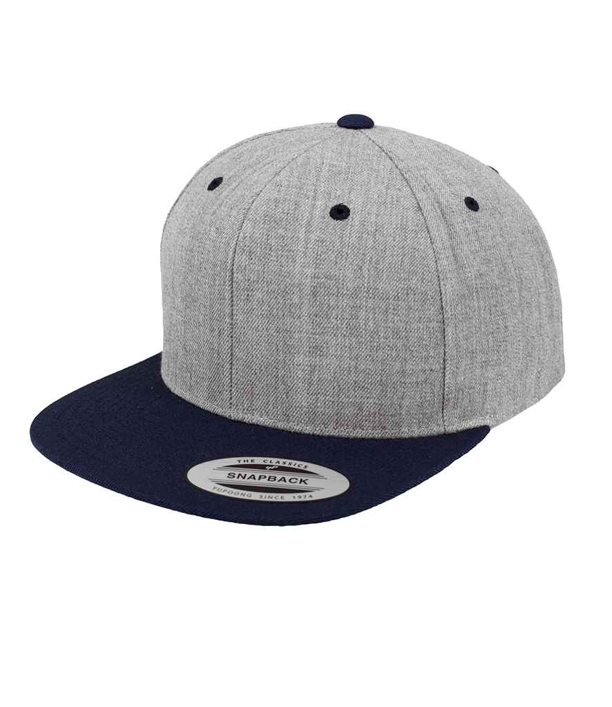 Flexfit Two Tone Classic Snapback Cap in ONE Heather Grey Navy by Flexfit — Custom branded clothing by Print Press, featuring premium embroidery produced in our specialist print lab in the UK.
