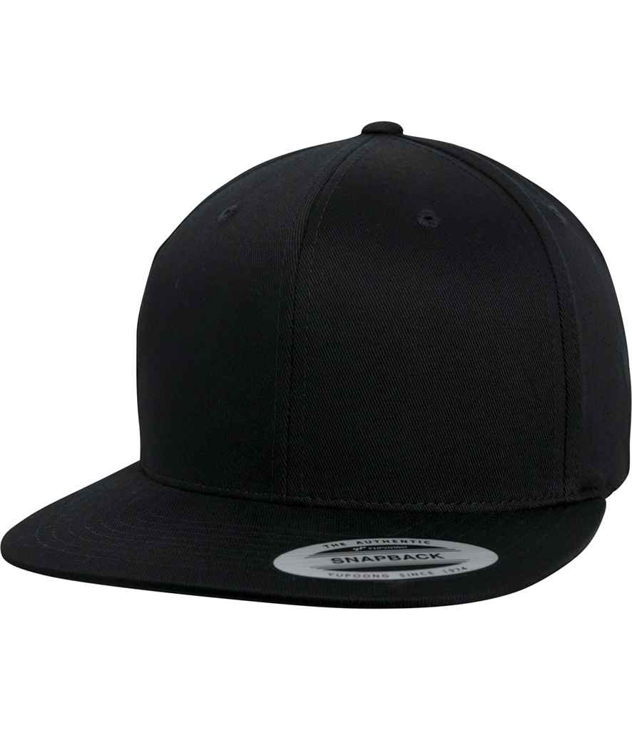 Flexfit Organic Cotton Snapback Cap in ONE Black by Flexfit — Custom branded clothing by Print Press, featuring premium embroidery produced in our specialist print lab in the UK.