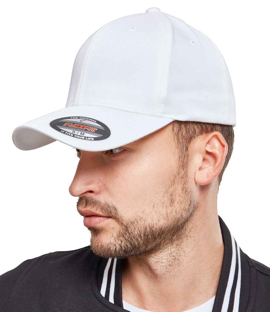 Flexfit Organic Cotton Cap in White by Flexfit — Custom branded clothing by Print Press, featuring premium embroidery produced in our specialist print lab in the UK.
