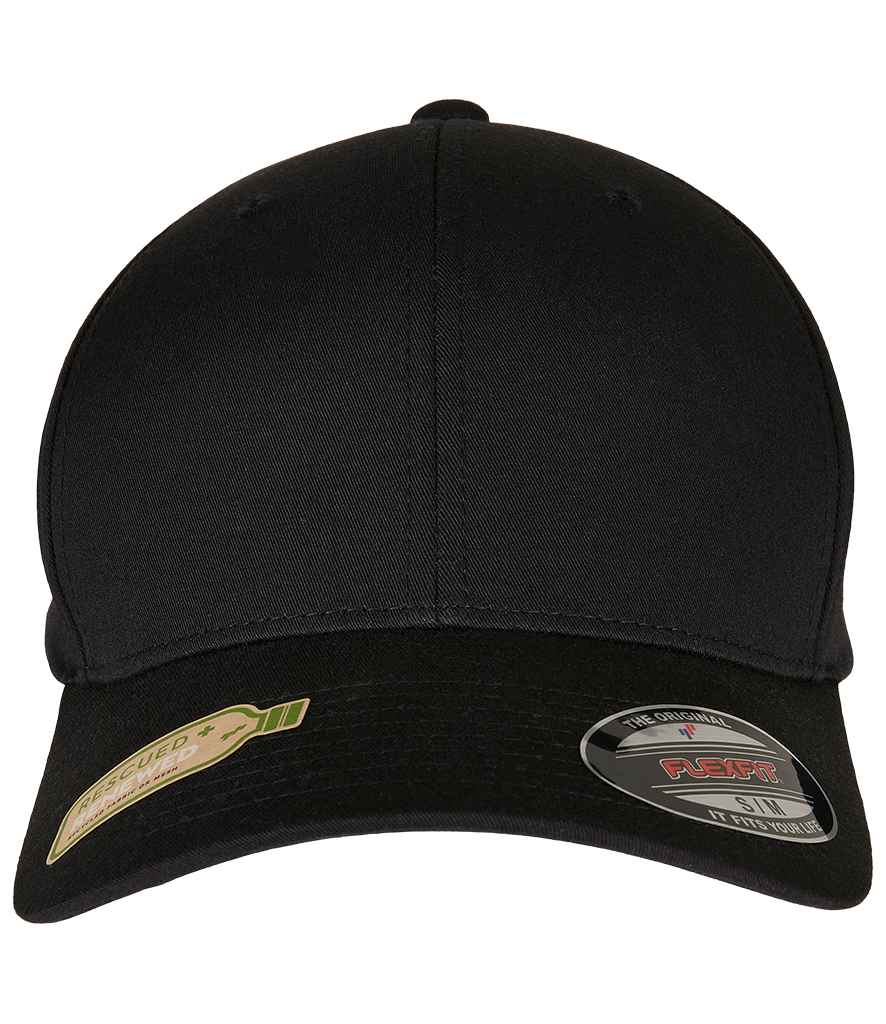 Flexfit Recycled Polyester Cap in Black by Flexfit — Custom branded clothing by Print Press, featuring premium embroidery produced in our specialist print lab in the UK.