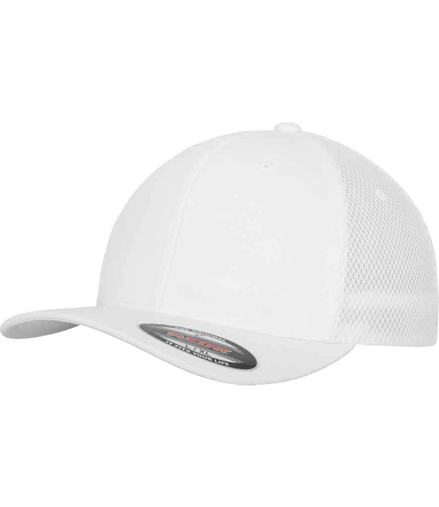 Flexfit Tactel Mesh Cap in White by Flexfit — Custom branded clothing by Print Press, featuring premium embroidery produced in our specialist print lab in the UK.