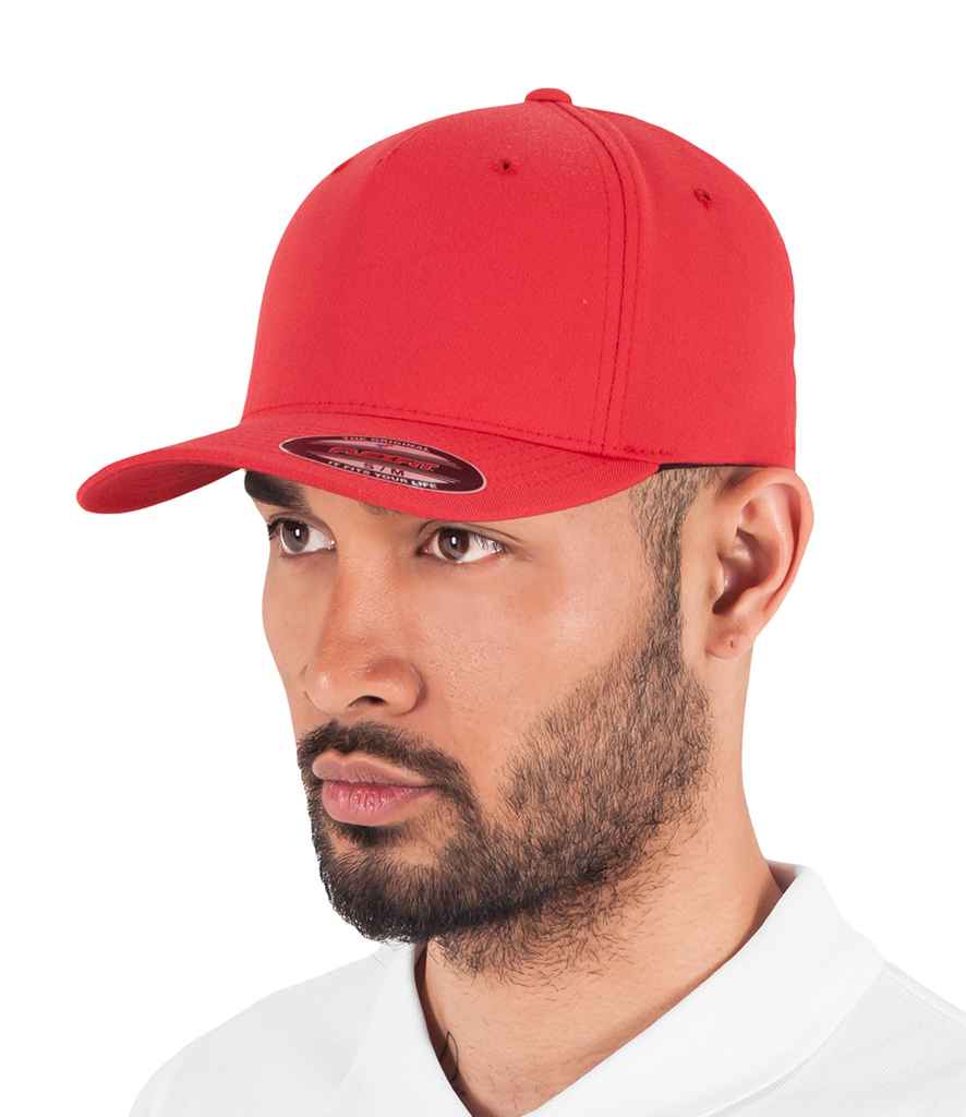 Flexfit 5 Panel Cap in Red by Flexfit — Custom branded clothing by Print Press, featuring premium embroidery produced in our specialist print lab in the UK.