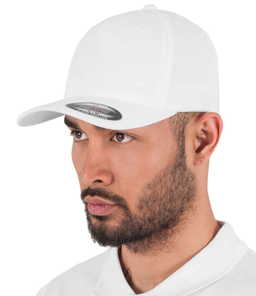 Flexfit 5 Panel Cap in White by Flexfit — Custom branded clothing by Print Press, featuring premium embroidery produced in our specialist print lab in the UK.