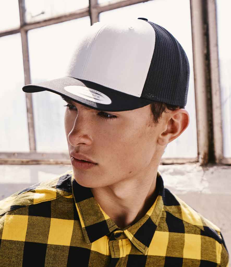 Flexfit Retro Coloured Front Trucker Cap in ONE Black White by Flexfit — Custom branded clothing by Print Press, featuring premium embroidery produced in our specialist print lab in the UK.