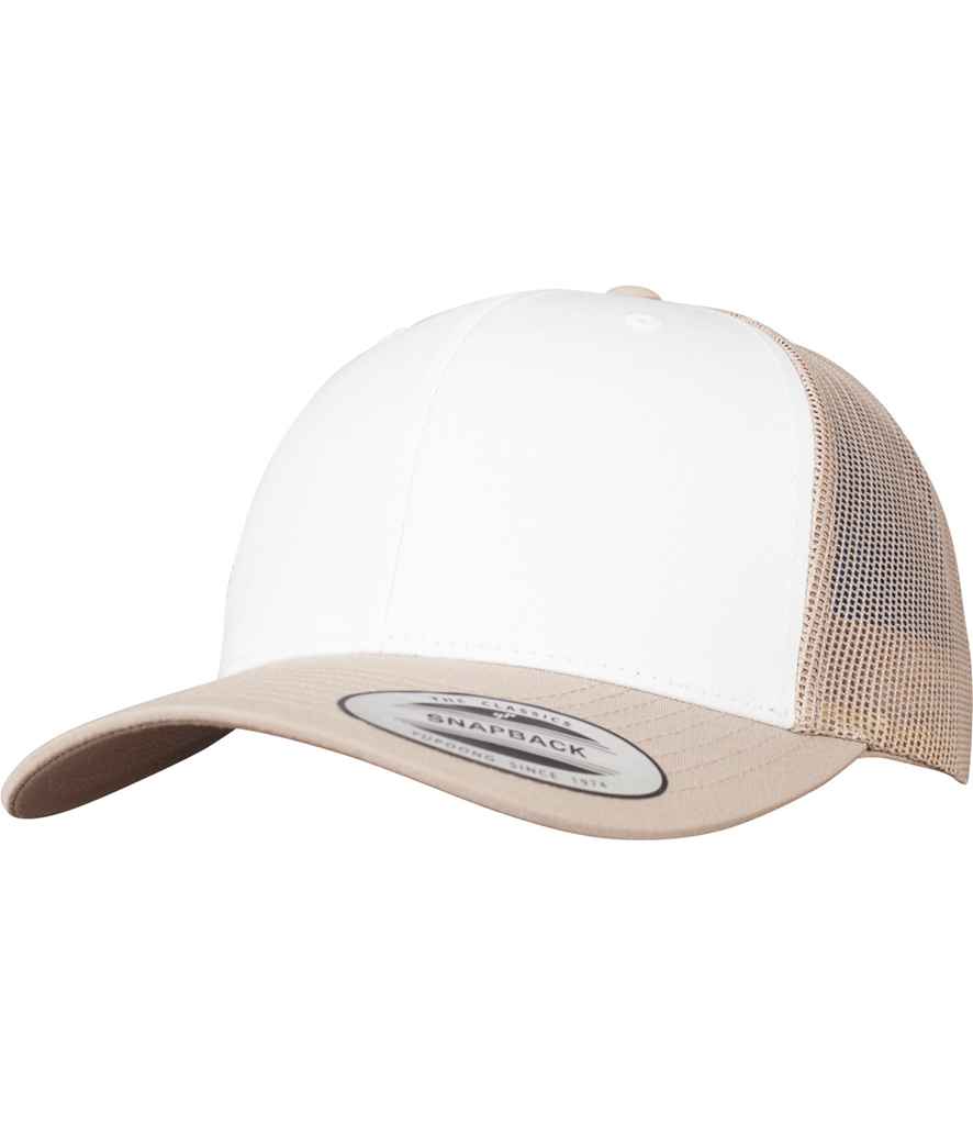 Flexfit Retro Coloured Front Trucker Cap in ONE Khaki White by Flexfit — Custom branded clothing by Print Press, featuring premium embroidery produced in our specialist print lab in the UK.