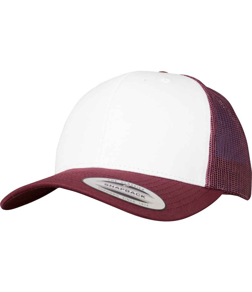 Flexfit Retro Coloured Front Trucker Cap in ONE Maroon White by Flexfit — Custom branded clothing by Print Press, featuring premium embroidery produced in our specialist print lab in the UK.