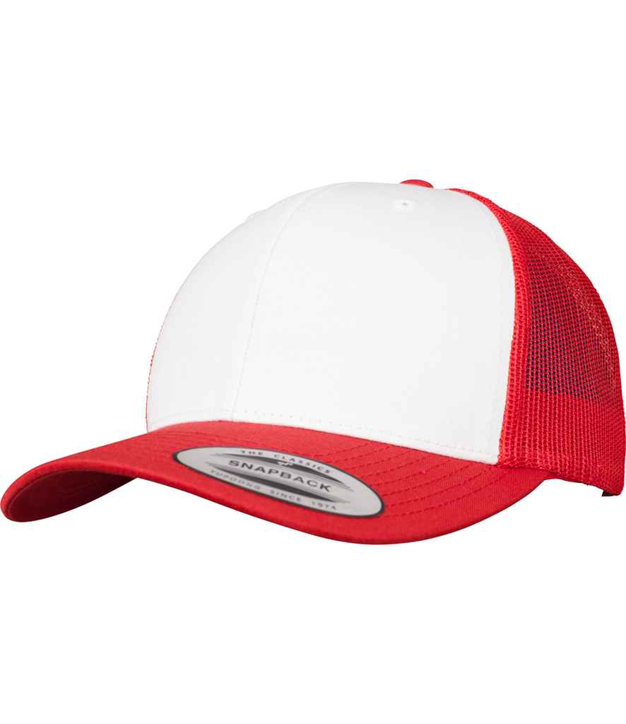 Flexfit Retro Coloured Front Trucker Cap in ONE Red White by Flexfit — Custom branded clothing by Print Press, featuring premium embroidery produced in our specialist print lab in the UK.