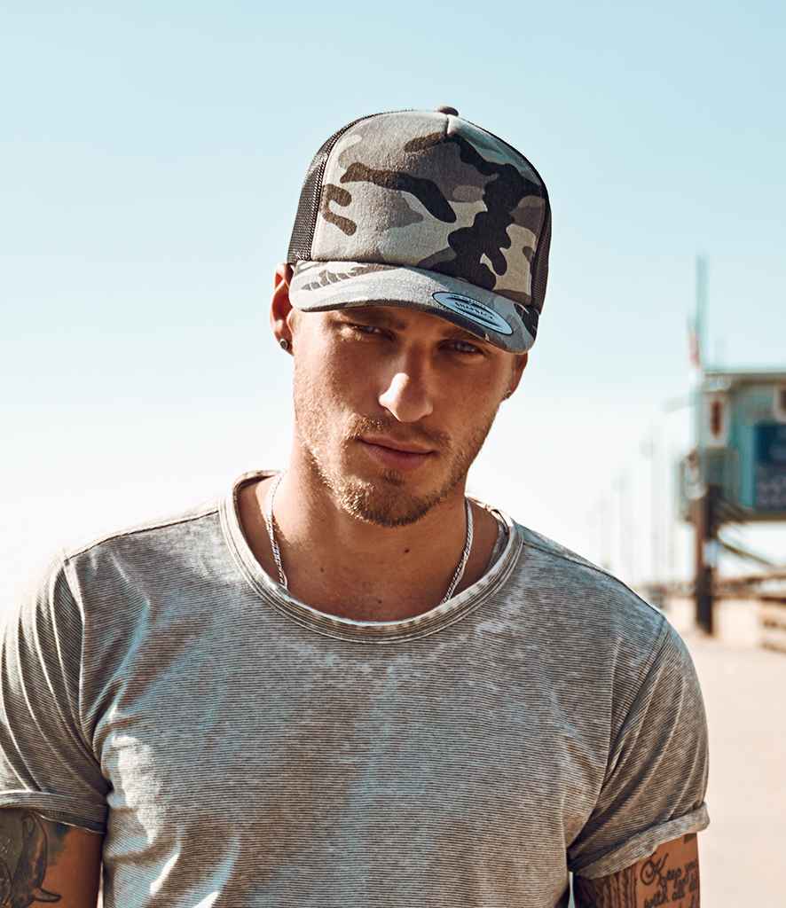 Flexfit Classic Camo Trucker Cap in ONE Dark Camo Black by Flexfit — Custom branded clothing by Print Press, featuring premium embroidery produced in our specialist print lab in the UK.