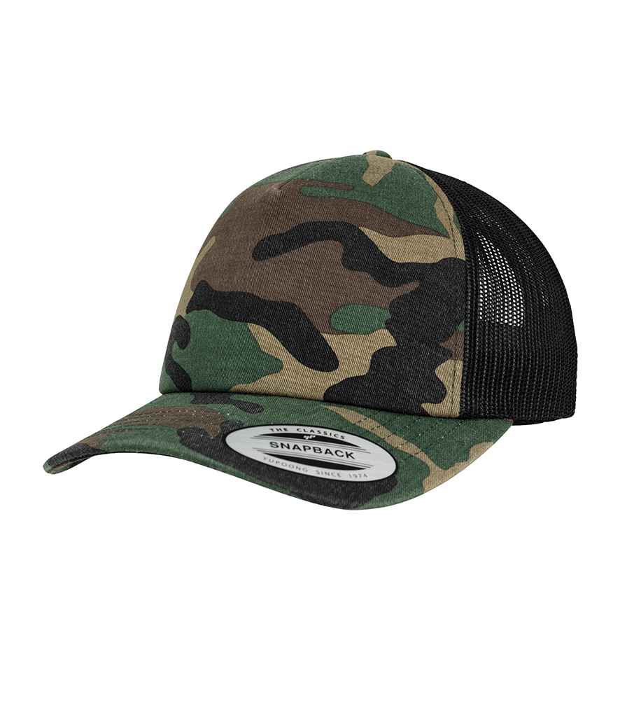 Flexfit Classic Camo Trucker Cap in ONE Wood Camo Black by Flexfit — Custom branded clothing by Print Press, featuring premium embroidery produced in our specialist print lab in the UK.