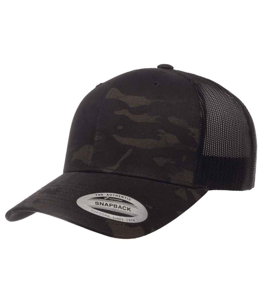 Flexfit Multicam® Retro Trucker Cap in ONE Black Multicam by Flexfit — Custom branded clothing by Print Press, featuring premium embroidery produced in our specialist print lab in the UK.
