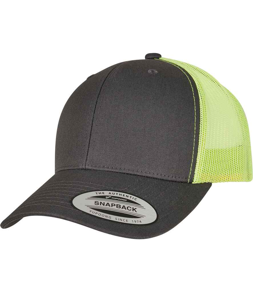Flexfit Retro Trucker Two Tone Cap in ONE Charcoal Neon Green by Flexfit — Custom branded clothing by Print Press, featuring premium embroidery produced in our specialist print lab in the UK.