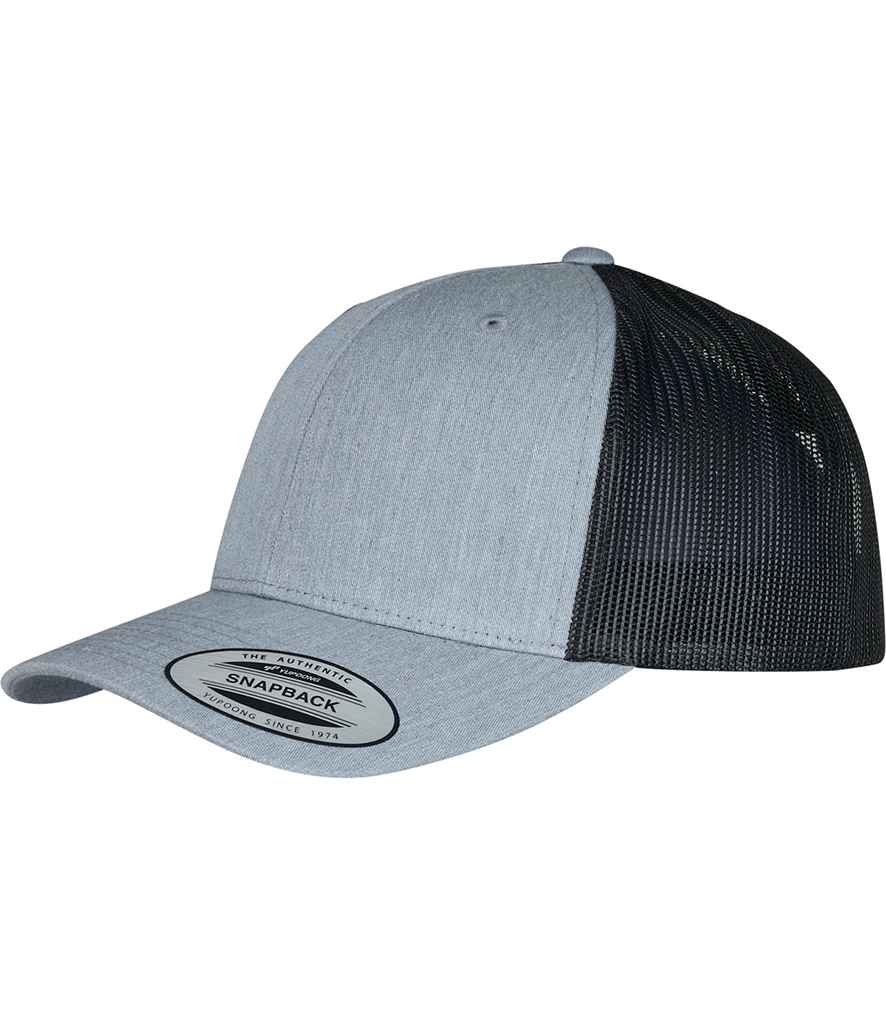 Flexfit Retro Trucker Two Tone Cap in ONE Heather Grey Black by Flexfit — Custom branded clothing by Print Press, featuring premium embroidery produced in our specialist print lab in the UK.