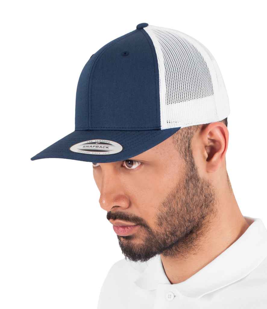 Flexfit Retro Trucker Two Tone Cap in ONE Navy White by Flexfit — Custom branded clothing by Print Press, featuring premium embroidery produced in our specialist print lab in the UK.