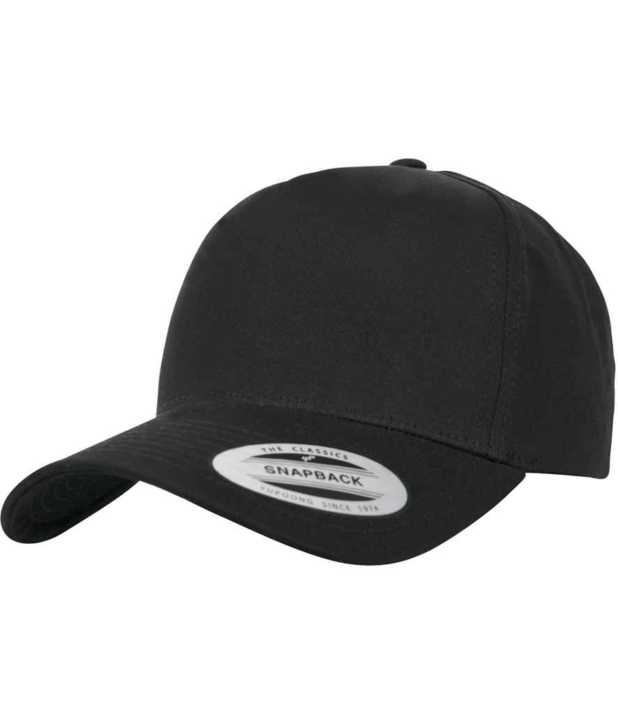 Flexfit 5 Panel Curved Classic Snapback Cap in ONE Black by Flexfit — Custom branded clothing by Print Press, featuring premium embroidery produced in our specialist print lab in the UK.