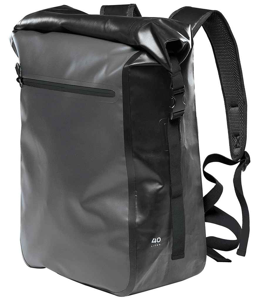 Stormtech Kemano Waterproof Backpack in ONE Black Graphite Grey Black by Stormtech — Custom branded clothing by Print Press, featuring premium embroidery produced in our specialist print lab in the UK.