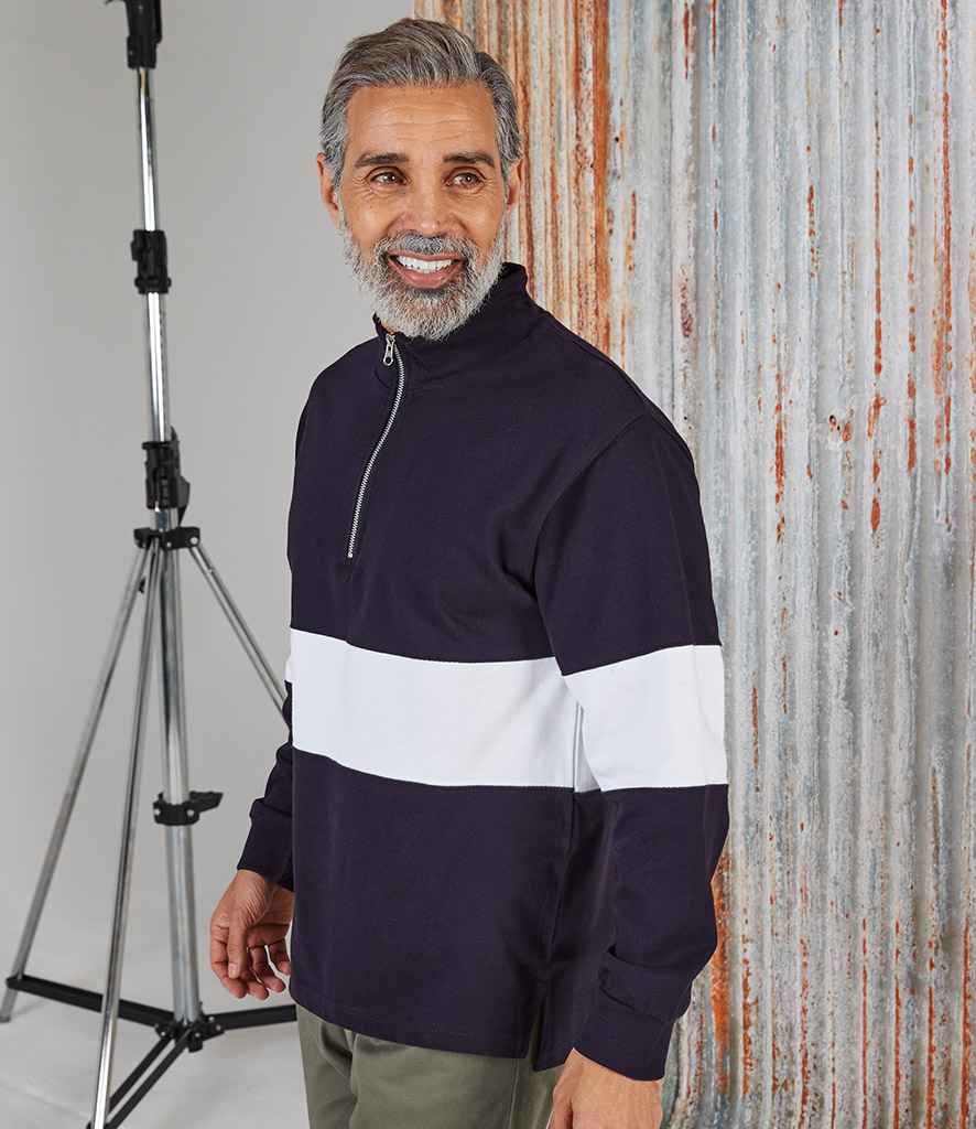 Front Row Panelled Zip Neck Top in Navy White by Front Row — Custom branded clothing by Print Press, featuring premium embroidery produced in our specialist print lab in the UK.