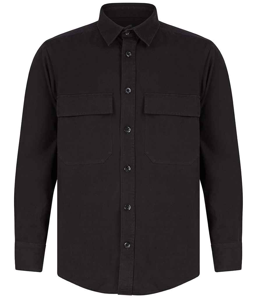 Front Row Drill Overshirt in Black by Front Row — Custom branded clothing by Print Press, featuring premium embroidery produced in our specialist print lab in the UK.