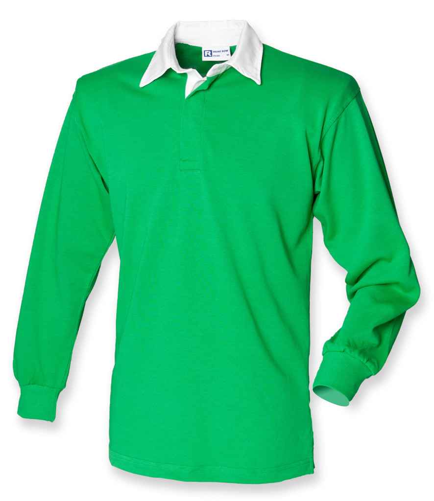 Front Row Classic Rugby Shirt in Bright Green White by Front Row — Custom branded clothing by Print Press, featuring premium embroidery produced in our specialist print lab in the UK.
