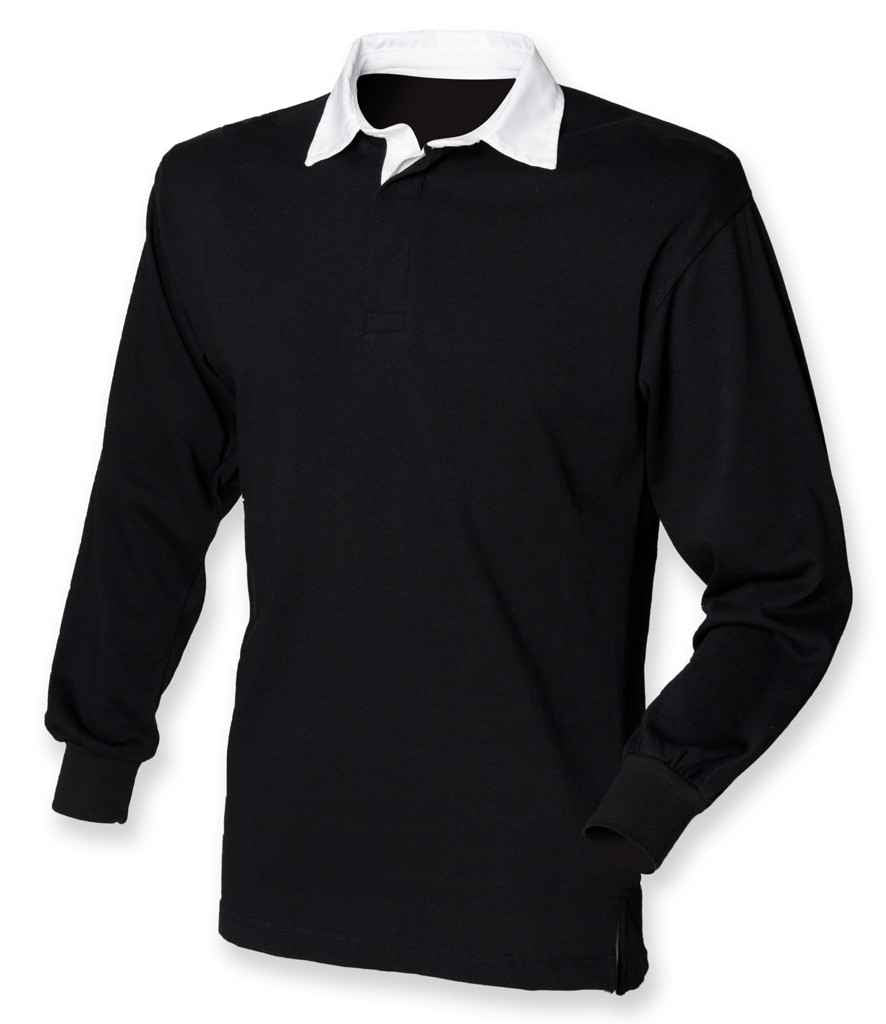 Front Row Classic Rugby Shirt in Black White by Front Row — Custom branded clothing by Print Press, featuring premium embroidery produced in our specialist print lab in the UK.