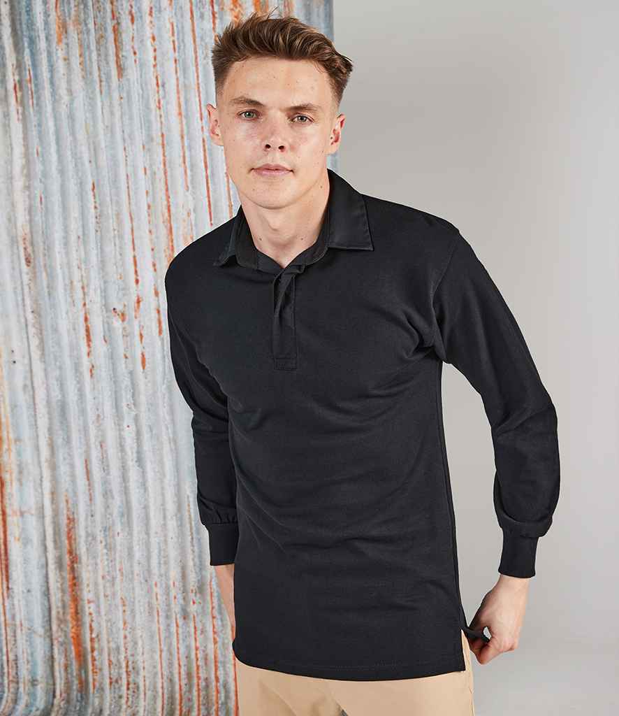 Front Row Classic Rugby Shirt in Black Black by Front Row — Custom branded clothing by Print Press, featuring premium embroidery produced in our specialist print lab in the UK.