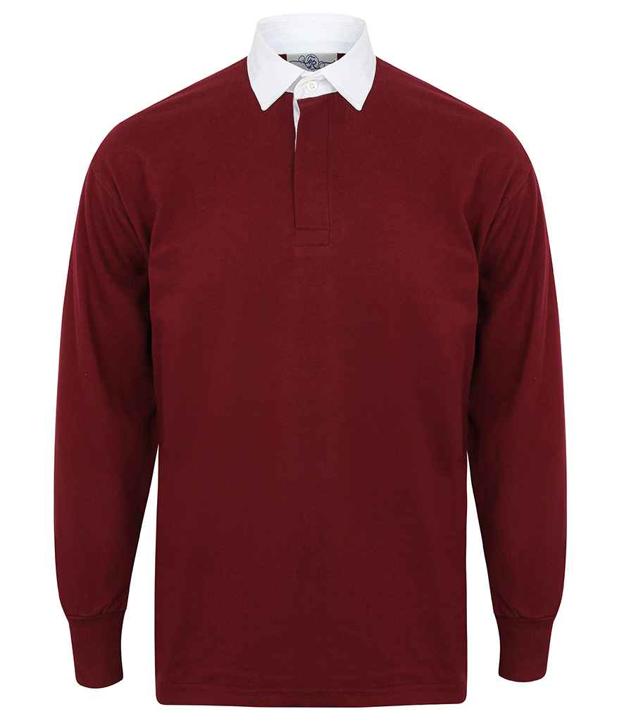 Front Row Classic Rugby Shirt in Deep Burgundy White by Front Row — Custom branded clothing by Print Press, featuring premium embroidery produced in our specialist print lab in the UK.