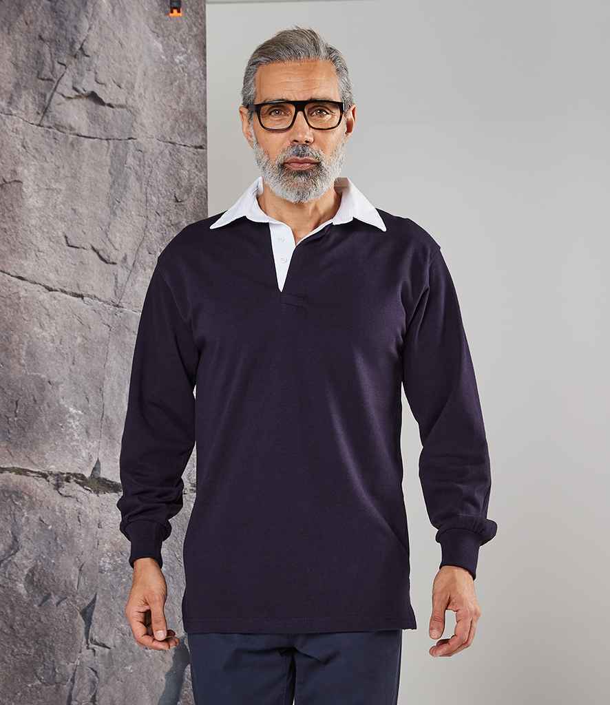 Front Row Classic Rugby Shirt in Navy White by Front Row — Custom branded clothing by Print Press, featuring premium embroidery produced in our specialist print lab in the UK.