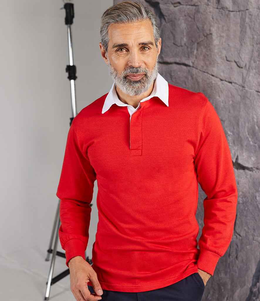 Front Row Classic Rugby Shirt in Red White by Front Row — Custom branded clothing by Print Press, featuring premium embroidery produced in our specialist print lab in the UK.