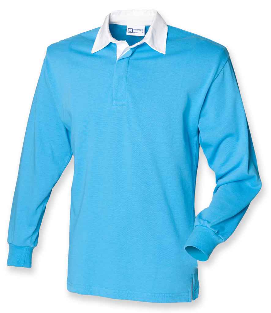Front Row Classic Rugby Shirt in Surf Blue White by Front Row — Custom branded clothing by Print Press, featuring premium embroidery produced in our specialist print lab in the UK.
