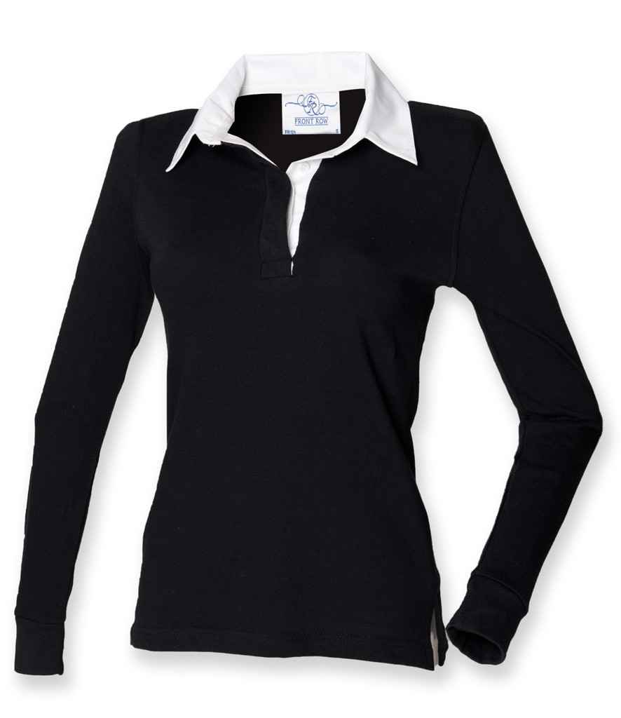 Front Row Ladies Classic Rugby Shirt in Black White by Front Row — Custom branded clothing by Print Press, featuring premium embroidery produced in our specialist print lab in the UK.