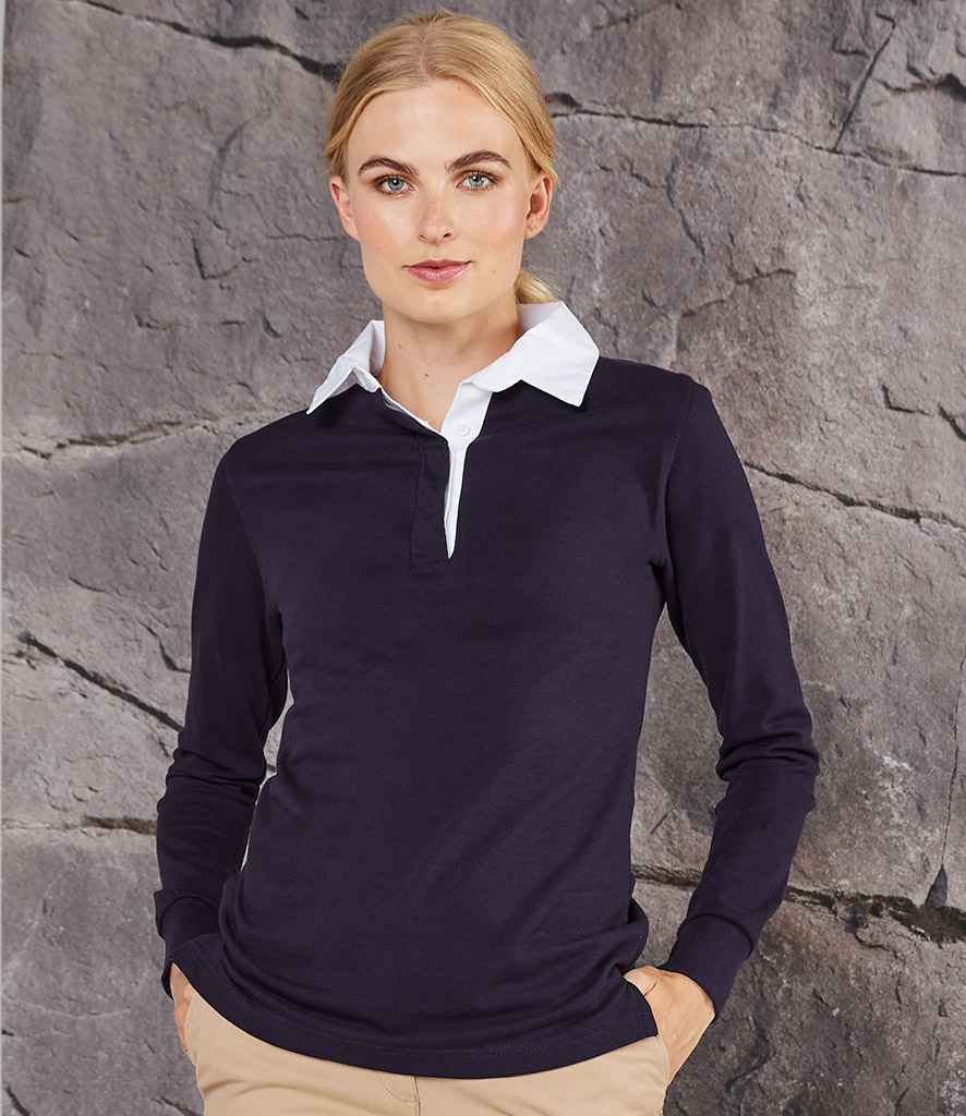 Front Row Ladies Classic Rugby Shirt in Navy White by Front Row — Custom branded clothing by Print Press, featuring premium embroidery produced in our specialist print lab in the UK.