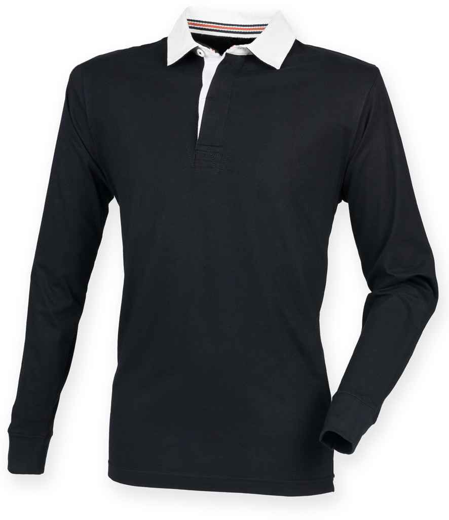 Front Row Premium Superfit Rugby Shirt in Black by Front Row — Custom branded clothing by Print Press, featuring premium embroidery produced in our specialist print lab in the UK.