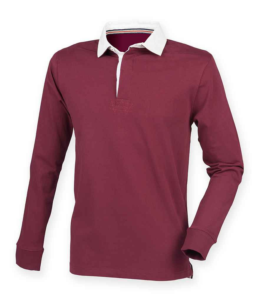 Front Row Premium Superfit Rugby Shirt in Deep Burgundy by Front Row — Custom branded clothing by Print Press, featuring premium embroidery produced in our specialist print lab in the UK.