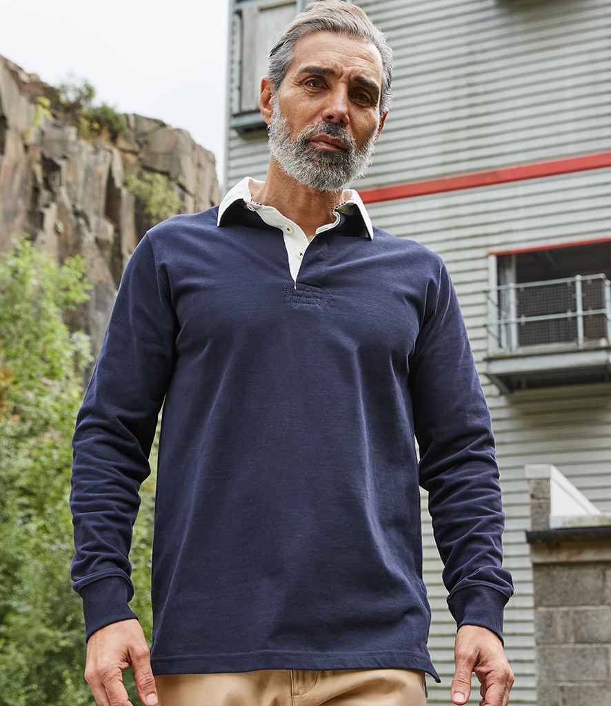 Front Row Premium Superfit Rugby Shirt in Navy by Front Row — Custom branded clothing by Print Press, featuring premium embroidery produced in our specialist print lab in the UK.