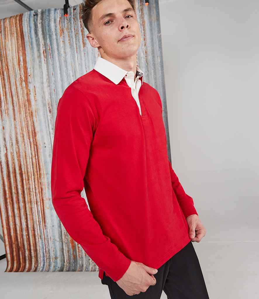 Front Row Premium Superfit Rugby Shirt in Red by Front Row — Custom branded clothing by Print Press, featuring premium embroidery produced in our specialist print lab in the UK.