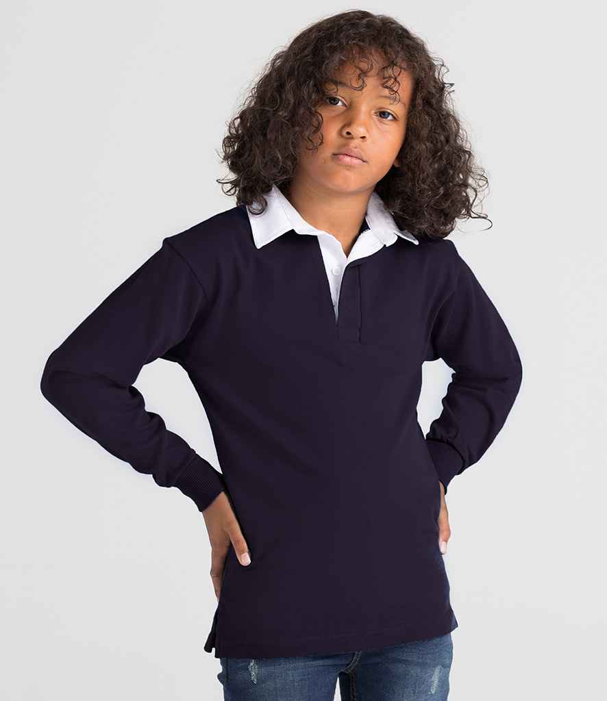 Front Row Kids Classic Rugby Shirt in Navy by Front Row — Custom branded clothing by Print Press, featuring premium embroidery produced in our specialist print lab in the UK.