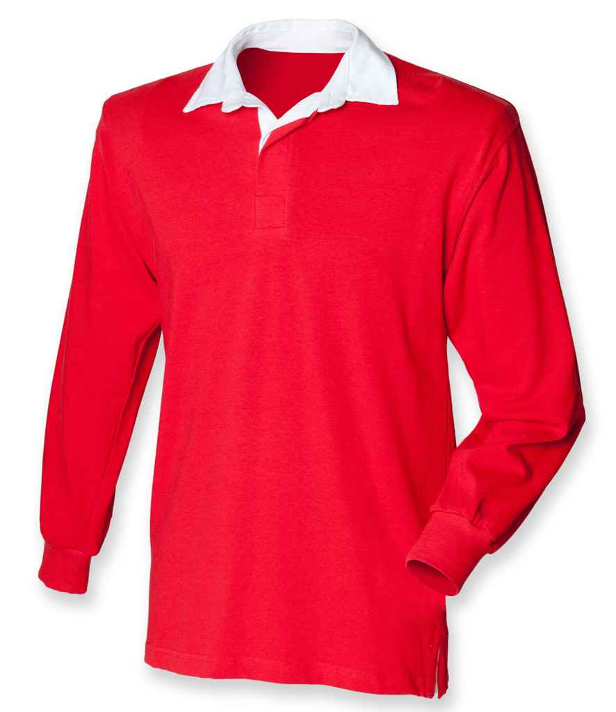 Front Row Kids Classic Rugby Shirt in Red by Front Row — Custom branded clothing by Print Press, featuring premium embroidery produced in our specialist print lab in the UK.
