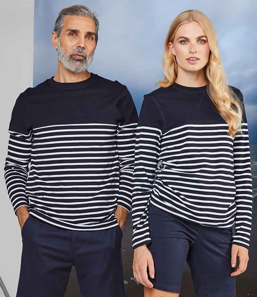 Front Row Unisex Long Sleeve Breton Striped T-Shirt in Navy White by Front Row — Custom branded clothing by Print Press, featuring premium embroidery produced in our specialist print lab in the UK.